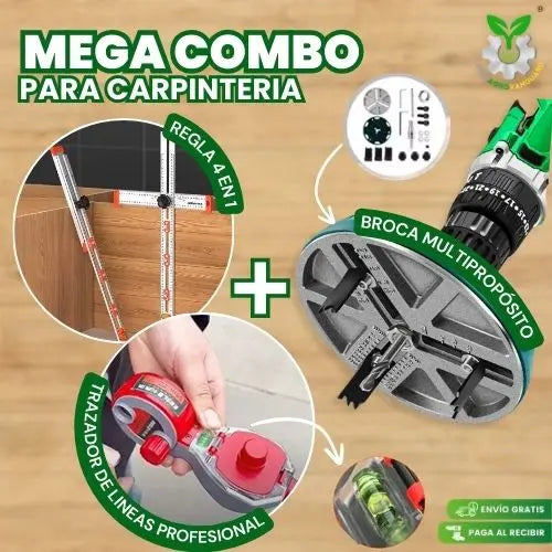 Mega combo, trazador, broca y regla para carpinteria.